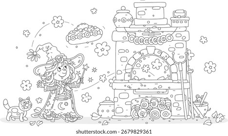 Happy little witch with her cat baking a traditional sweet pie in an old wood stove for a festive table, black and white vector cartoon illustration for a coloring book