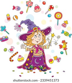 Happy little witch illusionist waving her magic wand and conjuring funny tricks with flying colorful sweets, vector cartoon illustration isolated on a white background