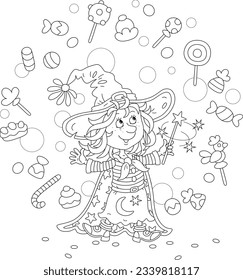 Happy little witch illusionist waving her magic wand and conjuring funny tricks with flying sweets, black and white outline vector cartoon illustration for a coloring book page