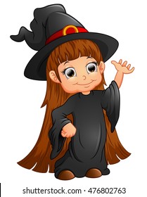 Happy little witch presenting