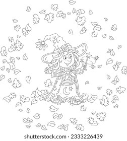 Happy little witch showing tricks with her magic wand and swirling autumn leaves, black and white vector cartoon illustration for a coloring book