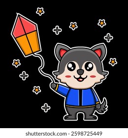 Happy Little Wolf Character Holding a Kite, Surrounded by Stars and Plus Symbols Art