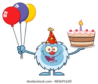 Happy Little Yeti Cartoon Mascot Character Wearing A Party Hat And Holding Balloons And A Birthday Cake. Vector Illustration Isolated On White Background