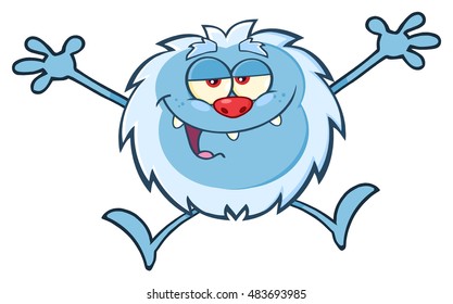 Happy Little Yeti Cartoon Mascot Character Jumping Up With Open Arms. Vector Illustration Isolated On White Background