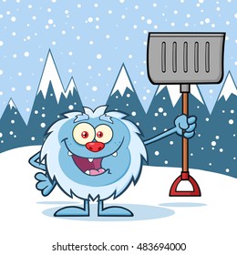 Happy Little Yeti Cartoon Mascot Character Holding Up A Winter Shovel. Vector Illustration Over Snow Mountains Background