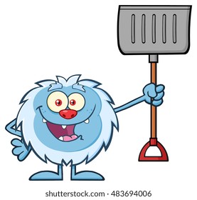 Happy Little Yeti Cartoon Mascot Character Holding Up A Winter Shovel. Vector Illustration Isolated On White Background