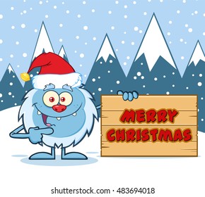 Happy Little Yeti Cartoon Mascot Character With Santa Hat Pointing To A Merry Christmas Wooden Sign. Vector Illustration With Snow Mountains Background