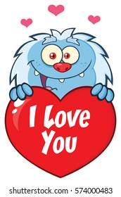 Happy Little Yeti Cartoon Mascot Character Over A Valentine Love Heart. Vector Illustration Isolated On White Background With Text I love You