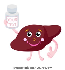 Happy liver with a cure shows the thumbs up and smile. Advertisement concept for medical conference, drugs marketing, dietary supplement, promotion banner. Vector illustration isolated on white.