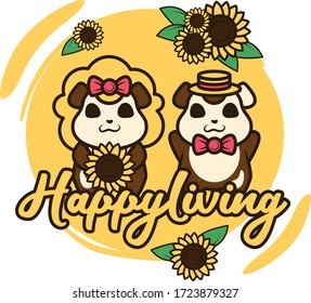 Happy Living Adorable Cartoon Hamster Couple in Sunny Summer Sunflower