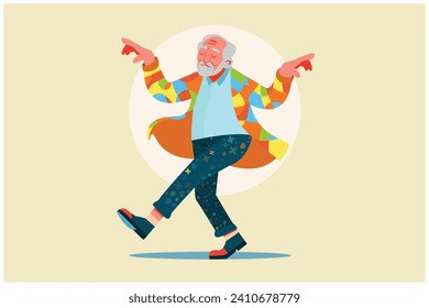 happy living life concept, elderly old man dance on street, colorful vector art, flat design 