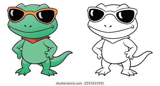 Happy Lizard Wearing Sunglasses Cartoon Coloring Page For Kids. Animal Cartoon Coloring Book Printable
