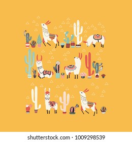 Happy llama with cactus in a pot. Vector illustration. Good for posters, stickers, cards, notebooks and other childish accessories.