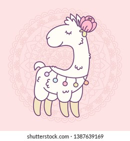 Happy llama cartoon illustration on mandala background. Vector