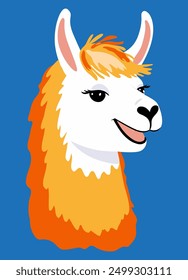 Happy llama. A head on a blue background. Cartoon, doodle. A character, a flat illustration. Vector print for children's clothing, textiles, packaging, decor, tee print, children's room decoration.