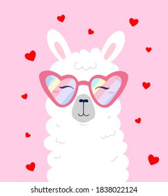 Happy llama head wearing rainbow sunglasses with hearts in cartoon flat style. Cute alpaca character design for cards, prints, textile, Valentine's day, baby shower or nursery. Vector illustration