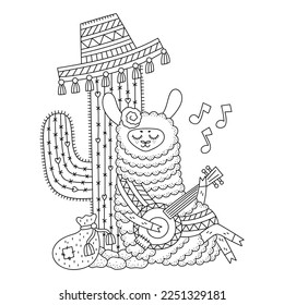 Happy llama musician playing music next to big cacti wearing sombrero. Cute fluffy alpaca. Desert nature with cactus. Coloring page for kids. Cartoon vector illustration. Black and white. Isolated