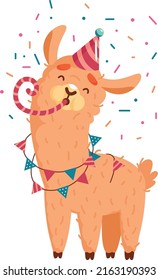 Happy llama in party hat. Holiday celebration character