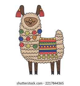 Llama feliz con aretes rojos. Alpaca beige dulce con cuentas de flores y manta ornamentada. Un animal de granja divertida. Ilustración vectorial de dibujos animados para niños. Aislado sobre blanco