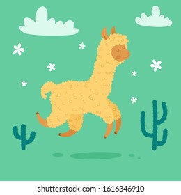 Happy llama running in the wild. Animal character design. Children's poster. Nursery wall art. Vector illustration