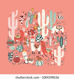 Happy llama seamless pattern with lovely flowers and cacti. Vector illustration. Good for posters, stickers, cards, notebooks and other childish accessories.