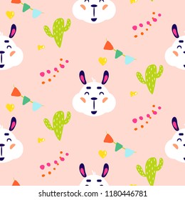 Happy llama smiling kid vector seamless repeat pattern with cacti. Cheerful funny alpaca face on pink baby background for apparel print and fabric.