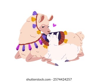 Happy llamas' family has a rest together. Mother lama and her baby love each other, kiss. Cute characters, cub and mom alpaca lying, relax. Flat isolated vector illustration on white background