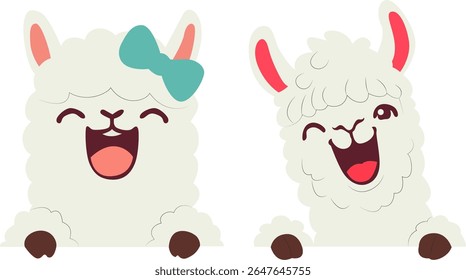 Happy Llamas Peeking Over Sign