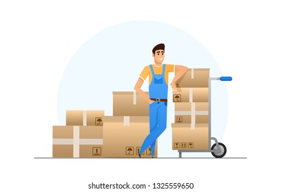 happy loader leaned on the cart with boxes. vector flat illustration. isolated character design.