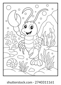 Happy  Lobster Under the Sea with Bubbles and Tropical Reef Decor Coloring Page for Kids and Adults. Easy and Bold Line Art for Children's Creativity