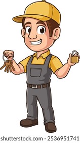 Feliz serralheiro segurando chaves e uma ilustração de vetor de cadeado