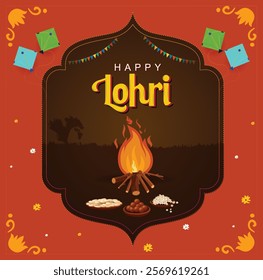 Happy Lohari design, festival of Punjab India, wood fire at night background with Truck art style