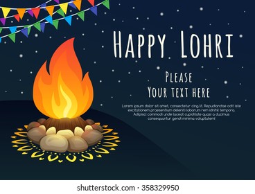 Happy Lohri background with bonfire and flags.