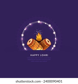  Happy Lohri and Baishakhi Holiday Bonfire with Dhol or Drum, Vector Illustration with Blue Background