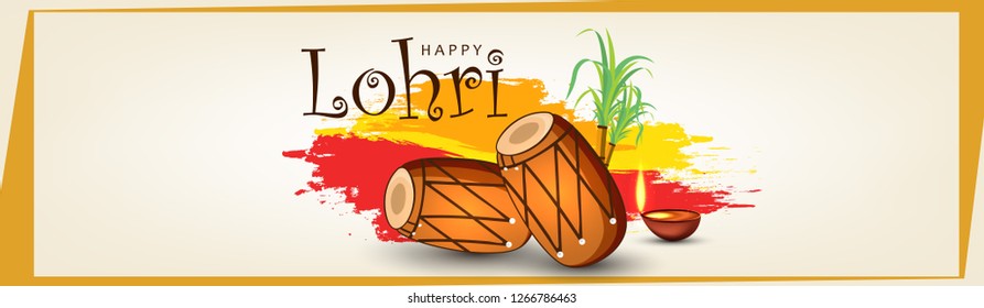 Happy Lohri banner design with Sugarcane and Dholak for Punjabi Festival, Vector Illustration.