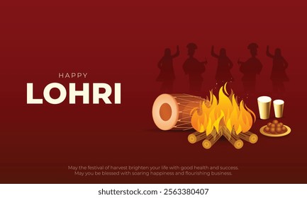 Happy Lohri Banner and Greeting Card. Festival of Punjab Lohri Celebration with Dhol and Fire Background Vector Illustration