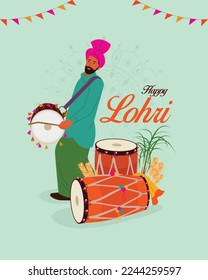 Happy Lohri calligraphy with Punjabi man dancing and Indian festival background vector for banner design, social media post, and invitation card design.