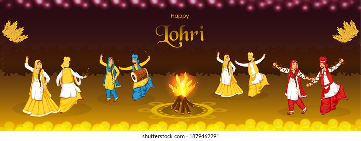 Happy Lohri Celebration Background With Bonfire, Wheat Ears And Punjabi Couples Performing Bhangra Dance.