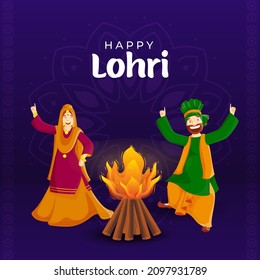 Happy Lohri Celebration Background With Bonfire, Cartoon Punjabi Couple Doing Bhangra Dance.