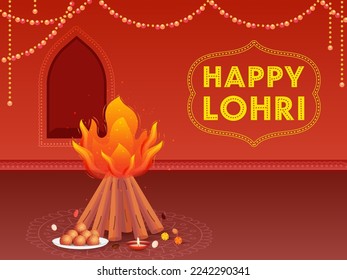 Happy Lohri Celebration Background With Bonfire, Indian Sweet (Ladoo, Rewri), Lit Oil Lamp (Diya) Over Rangoli Illustration.