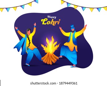 Happy Lohri Celebration Background With Cartoon Punjabi Couple Doing Bhangra Dance And Bonfire Illustration.