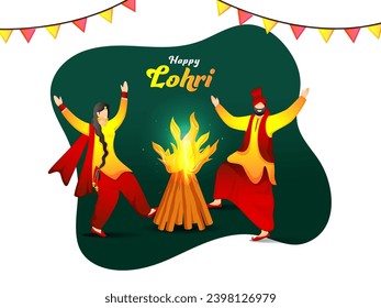 Happy Lohri Celebration Background with Cartoon Punjabi Couple Doing Bhangra Dance and Bonfire Illustration.