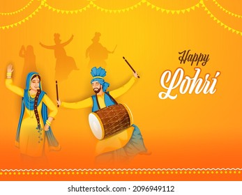 Happy Lohri Celebration Background With Punjabi Man Playing Dhol And Woman Dancing Together.