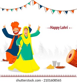 Happy Lohri Celebration Background With Punjabi Couple Doing Bhangra Dance, Dhol Instrument, Sweet Plates And Lassi Glassses.