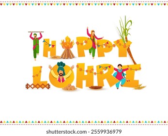 Happy Lohri Celebration Background with Punjabi People Performing Bhangra Dance and Festival Elements.