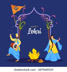 Happy Lohri Celebration Background With Sikh Couple Doing Bhangra Dance And Bonfire Illustration.