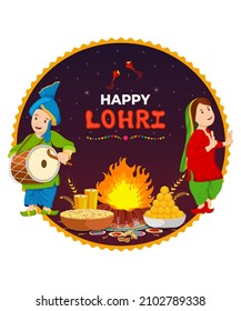 Happy Lohri Celebration Background With Sikh Couple Doing Bhangra Dance And Bonfire Illustration.