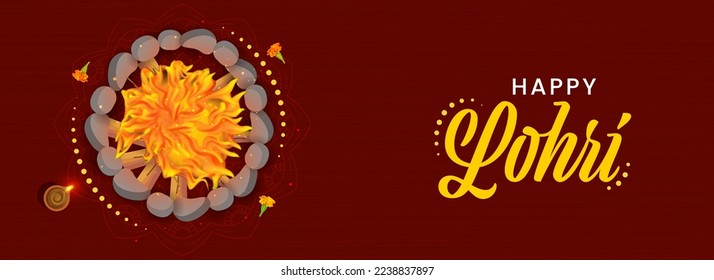 Frohes Lohri-Fest-Banner oder Kopfhörer-Design mit Draufsicht auf Bonfire, Lit Oil Lamp (Diya) und Ringelblumen auf dunklem rotem Holztexturhintergrund.