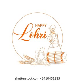 Happy lohri celebration bhangra dhol Festive Bonfire, Dancing Revelers, Colorful Kite, Sugarcane-laden Rehri outline vector design