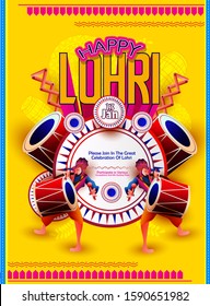 Happy Lohri celebration bonfire background with decorated drum punjabi dance